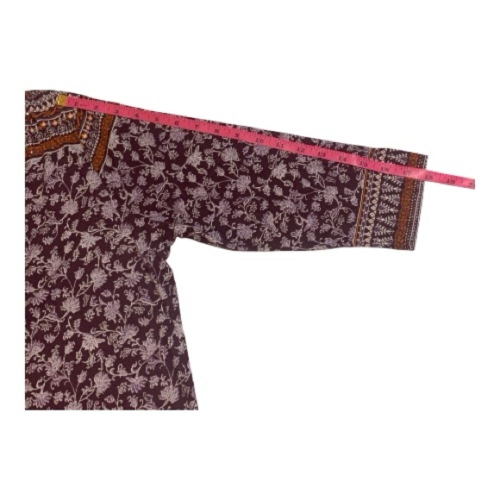 Rebecca Malone Plum Burgundy Orange Tunic Blouse Shirt Top Floral V-Neck Size L - Picture 10 of 12